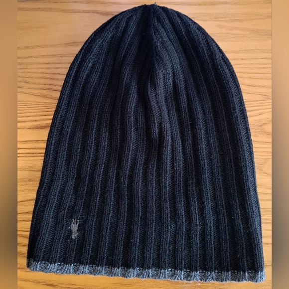 NWOT Polo Ralph Lauren Black & Grey Ribbed Wool Blend Unisex Beanie Hat Cap - Picture 3 of 6
